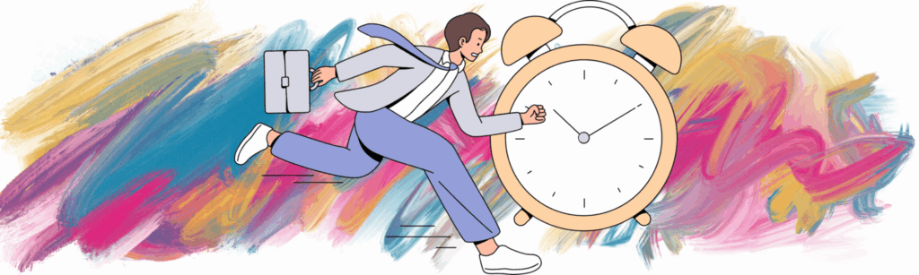 sketch drawing a man running in front of a large alarm clock