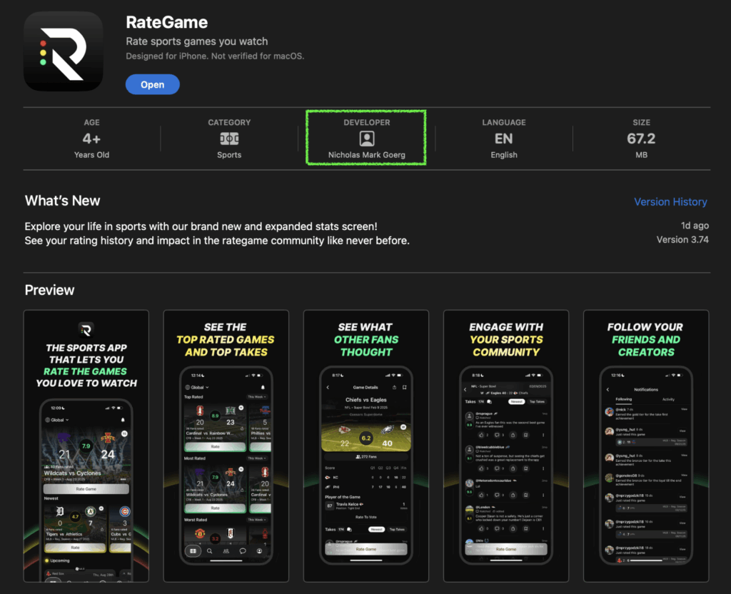 screenshot of alumni's fastest growing sports app, rategame